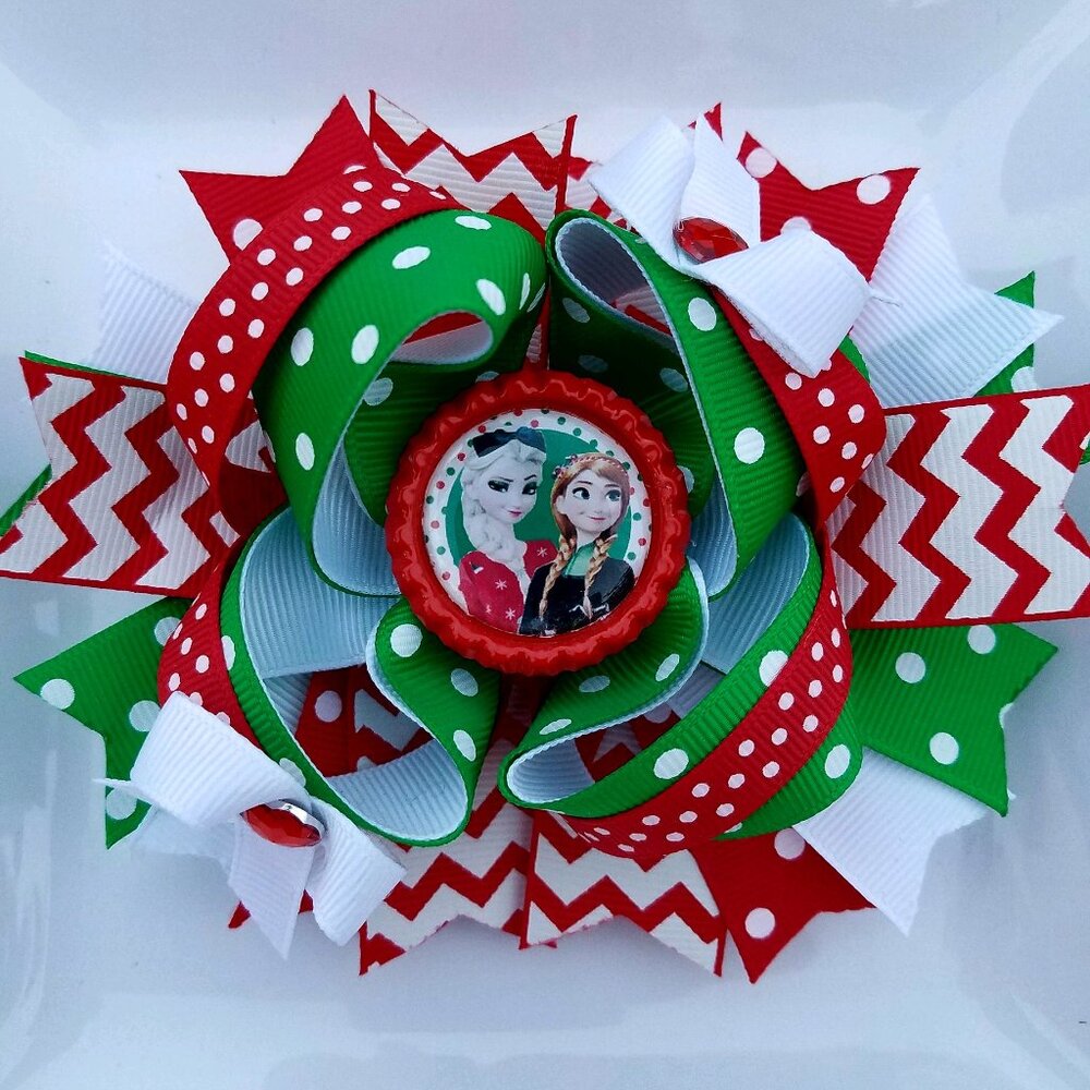 Anna Elsa Frozen Red Green White Bottle Cap Hair Bow 5"